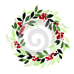 Watercolor drawing. Christmas, New Year`s wreath of green leaves, eucalyptus and red berries. isolated on white background traditi