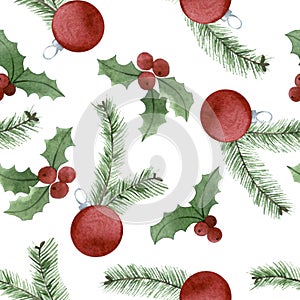 watercolor drawing. christmas seamless pattern with holly leaves and fir branches and Christmas toys on a white background