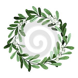 Watercolor drawing, Christmas wreath of mistletoe. simple cute new year, christmas wreath of green leaves and berries isolated on
