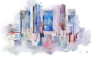 Watercolor drawing cityscape big city downtown, aquarelle painting