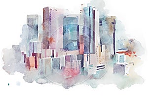 Watercolor drawing cityscape big city downtown, aquarelle painting