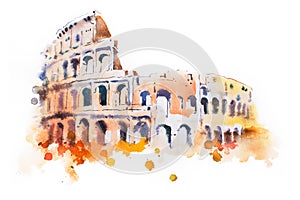 Watercolor drawing of Coliseum in Rome. Hand drawn Italian sightseeing