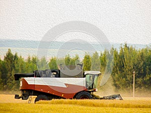 Watercolor drawing: a combine harvester harvests grain on the field