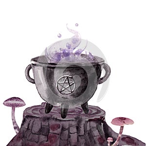 Watercolor drawing - composition of a magic pot on a stump with mushrooms