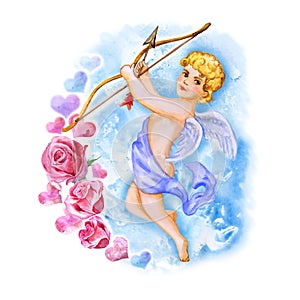 Watercolor drawing of cupid, love angel with wings in the sky. Saint Valentine's Day greeting card design. Add your text