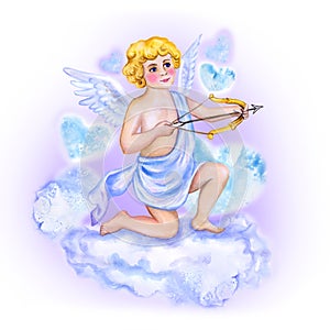 Watercolor drawing of cupid, love angel with wings in the sky. Saint Valentine's Day greeting card design. Add your text