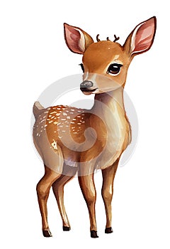 Watercolor drawing of a cute baby deer isolated on transparent background. Illustration for greeting cards, books