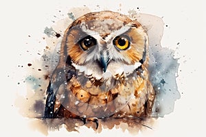 Watercolor drawing of cute owl, isolated background