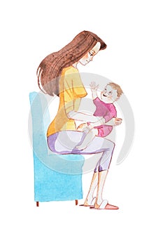 Watercolor drawing of cute smiling little baby boy sitting on mother s lap