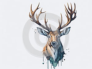 Watercolor drawing of a deer with large antlers.