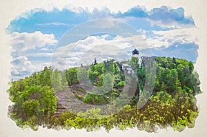 Watercolor drawing of Diana Observation Tower Rozhledna Diana and funicular photo