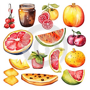 Watercolor drawing of different food, fruits, berries on a white background