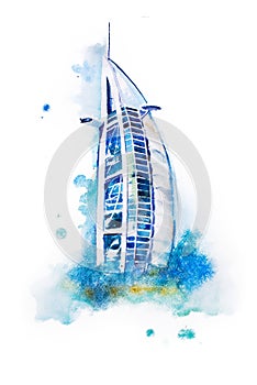 Watercolor drawing of Dubai hotel. Burj Al Arab aquarelle painting