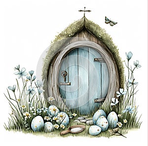 watercolor drawing for Easter, eggs, flowers, door to a fairytale house