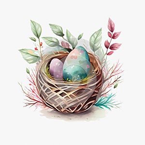 Watercolor drawing easter nest with flowers on white background. Generative ai