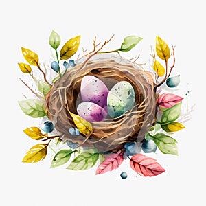 Watercolor drawing easter nest with leaves on white background. Generative ai