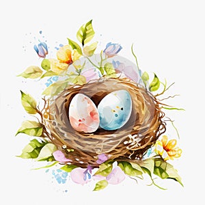 Watercolor drawing easter nest on white background. Generative ai