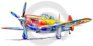 Watercolor drawing of a fighter plane from World War II.