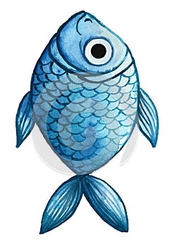 Watercolor drawing of fish, blue, blue fish, in the style of children`s drawing