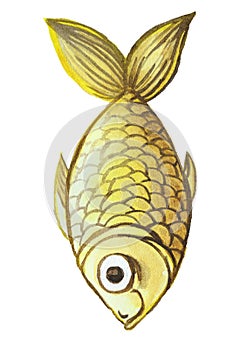 Watercolor drawing of fish, yellow, yellow fish, in the style of children`s drawing
