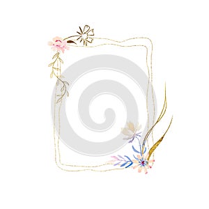 Watercolor drawing - floral frame with gold, for invitations, cards