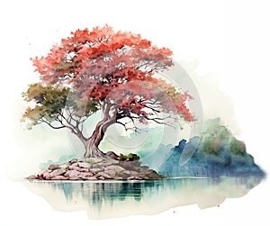 Watercolor drawing of a flowering tree on an island. Beautiful reflection in the water