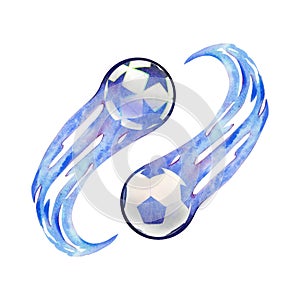 Watercolor drawing of flying football balls blue and white with stars and pentagons and blue fiery flame tails