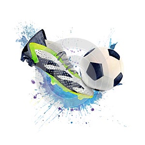 Watercolor drawing of football boot green black and white and soccer ball with pentagons. Blue water splash spots