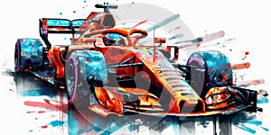 Watercolor drawing of a formula I racing car.