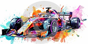 Watercolor drawing of a formula I racing car.