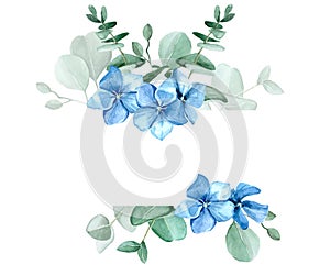 Watercolor drawing. Frame of eucalyptus leaves and blue hydrangea flowers. Design for weddings, cards, invitations, greetings. iso