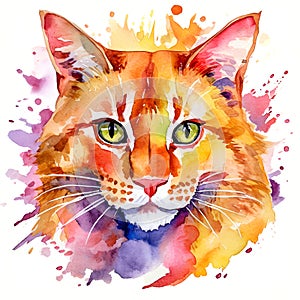 Watercolor drawing of ginger cat on white. Watercolour painting of ginger cat, AI generated