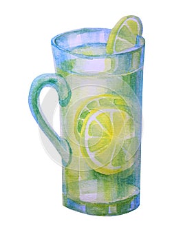 Watercolor drawing of a glass cup with lemonade with water and lemon isolated on a white background. Clip art for menu