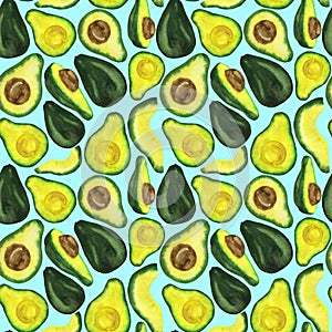 Watercolor drawing green avocado seamless pattern