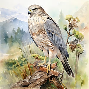 Realistic Watercolor Falcon Illustration With Trees And Mountains photo