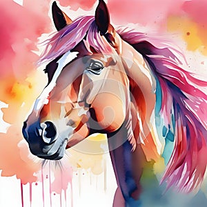 Watercolor drawing of a horse with a colorful mane. AI-Generated.