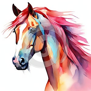 Watercolor drawing of a horse with a colorful mane. AI-Generated.