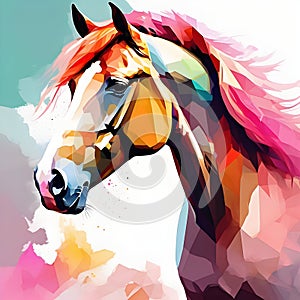 Watercolor drawing of a horse with a colorful mane. AI-Generated.