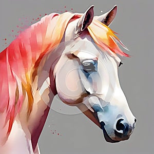 Watercolor drawing of a horse with a colorful mane. AI-Generated.