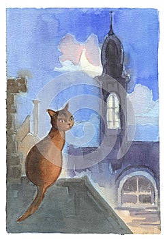 Watercolor drawing, illustration. A brown March cat sits on the roof in a moonlit night
