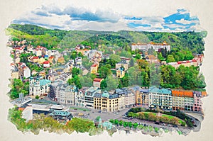 Watercolor drawing of Karlovy Vary Carlsbad historical city centre top aerial view