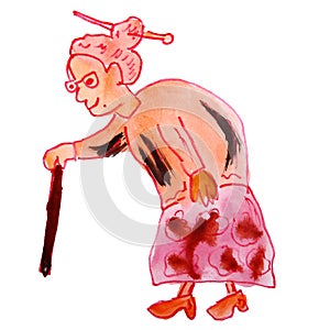 Watercolor drawing kids cartoon old woman on white