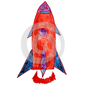 Watercolor drawing kids cartoon rocket white