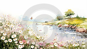 Watercolor Drawing Of Lake With Daisies In Yuumei Style