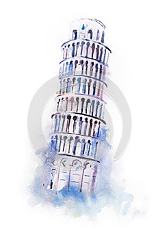 Watercolor drawing leaning tower of Pisa. aquarelle world wonder painting