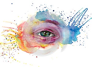 Watercolor drawing of a man`s head is dirty in paint, multi-colored face, portrait, opened eye, glare on iris of the eye, on holid