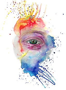 Watercolor drawing of a man`s head is dirty in paint, multi-colored face, portrait, opened eye, glare on iris of the eye, on holid