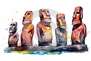 Watercolor drawing of the Moai statues on Easter Island. Generative AI.