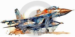 Watercolor drawing of a modern fighter-bomber aircraft.