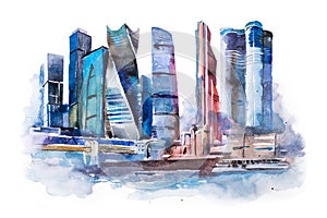 Watercolor drawing of Moscow city. International Business Center aquarelle painting